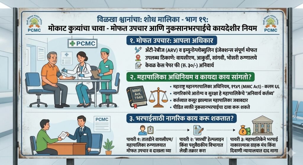 “विळखा श्वानांचा” भाग १९- पिंपरी चिंचवड शहरातील मोकाट कुत्र्यांची समस्या – मोकाट कुत्र्यांचा चावा – मोफत उपचार आणि नुकसानभरपाईचे कायदेशीर नियम